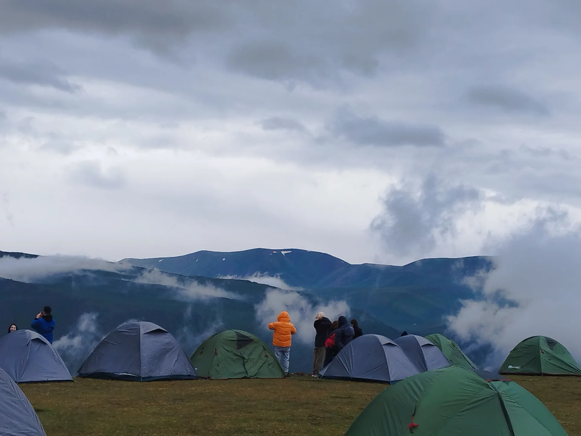 Rolling green hillsides of Assy Plateau at altitude with horse pastures and the Trans-Ili Alatau mountains in the background.