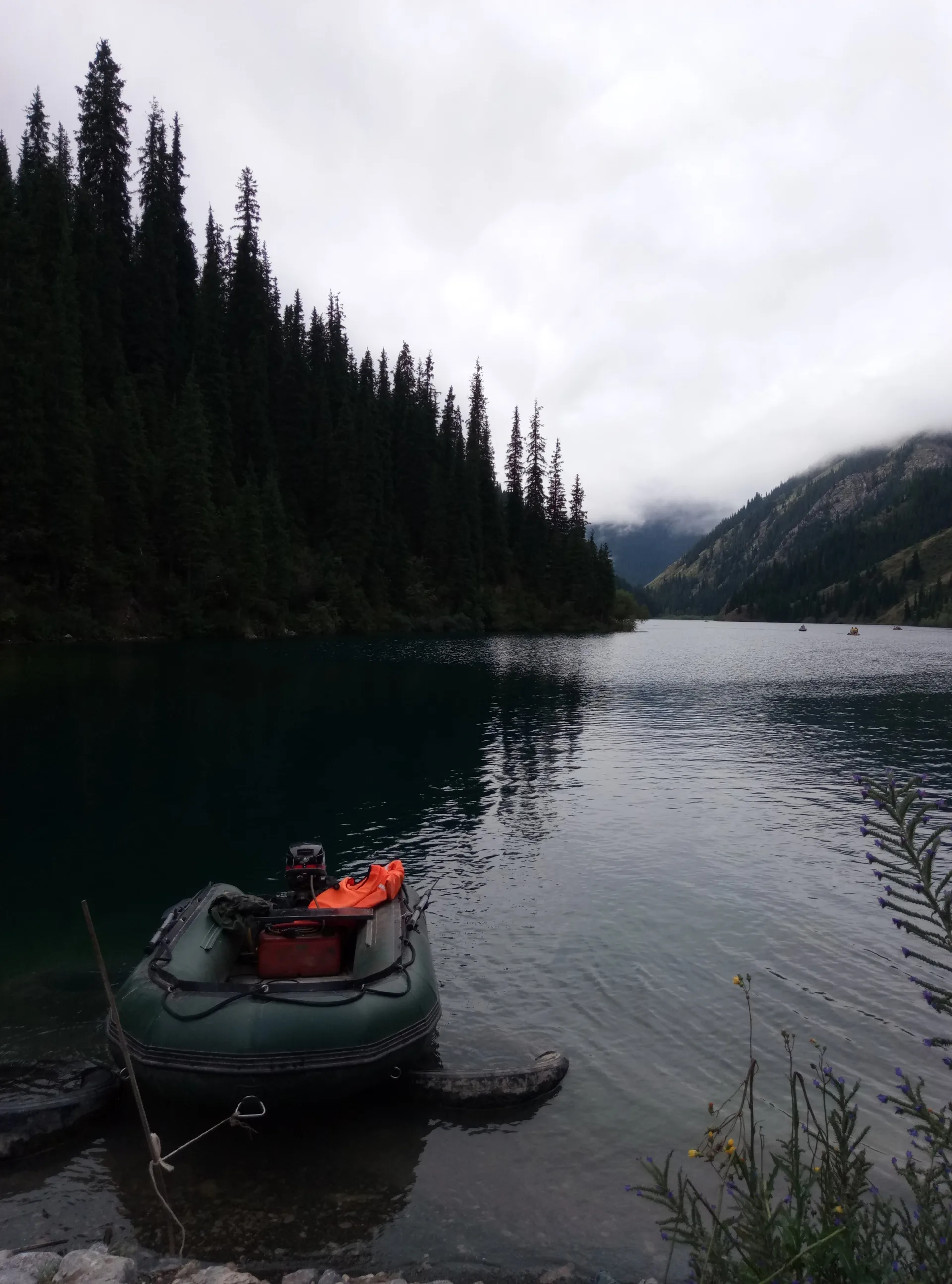 Green valley of Kolsai Lakes National Park near Saty village, with spruce-covered mountain slopes rising above the lower lake.