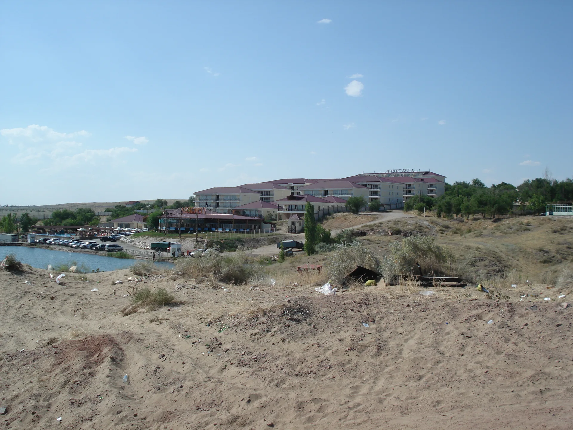 Shore of Kapshagay Reservoir in Kazakhstan, dry steppe scrub at the water edge with flat sky above