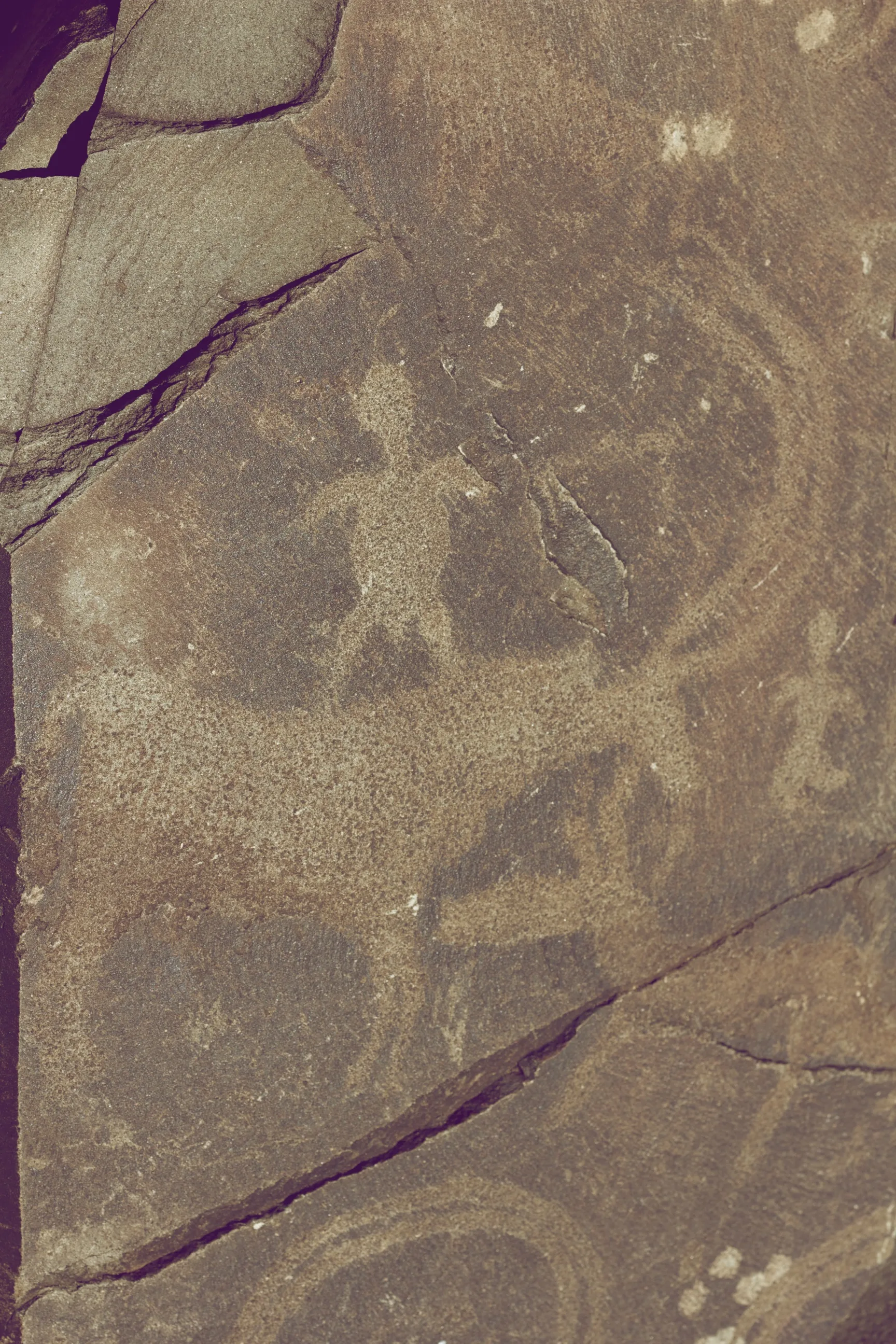 Petroglyphs at Tamgaly Kazakhstan showing a human figure riding a deer, pecked into pale rock surface with dark surrounding patina