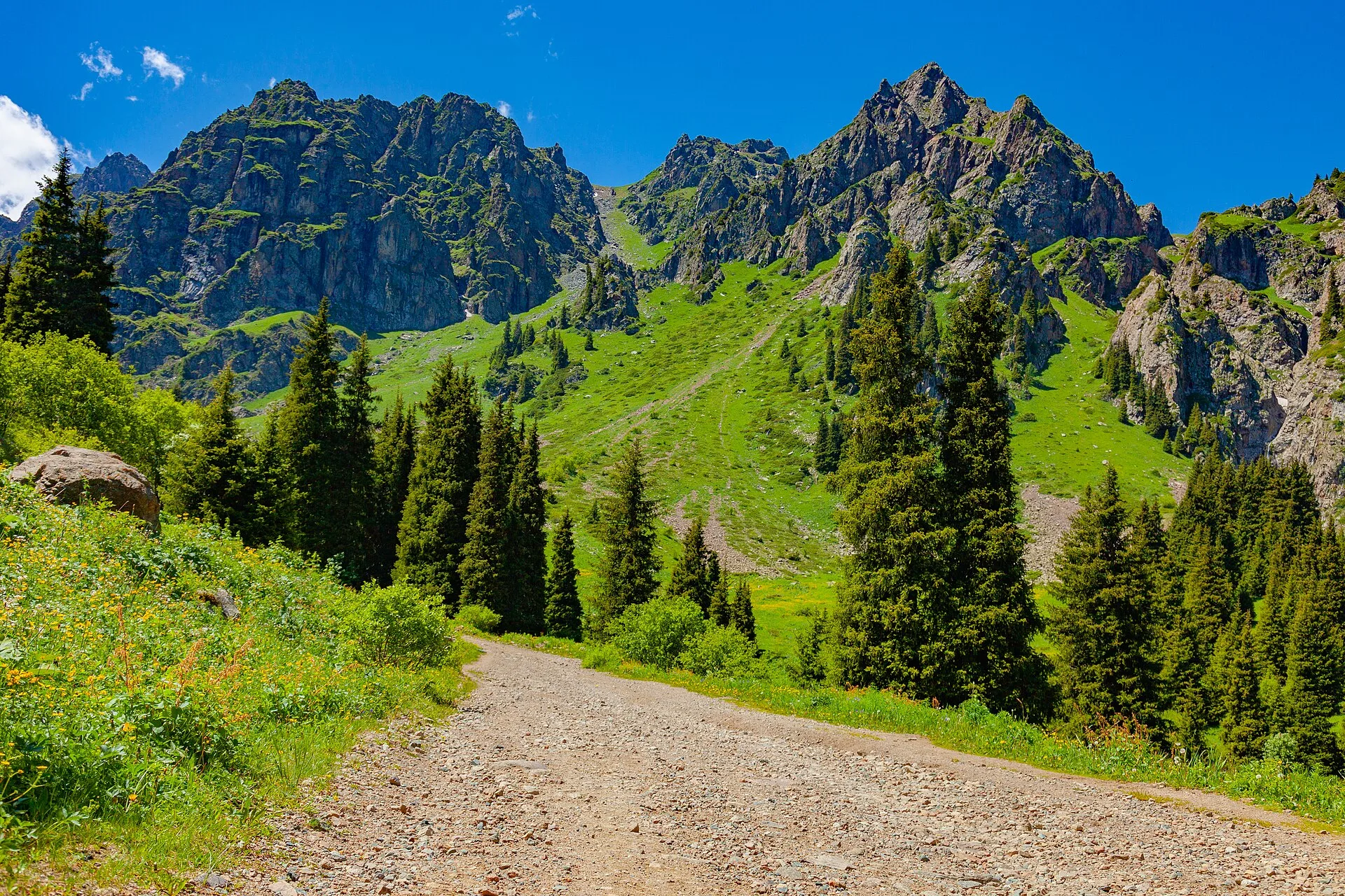 Dirt mountain road winding through arid hillside terrain in the Almaty region foothills, typical of the approach route south of Shelek