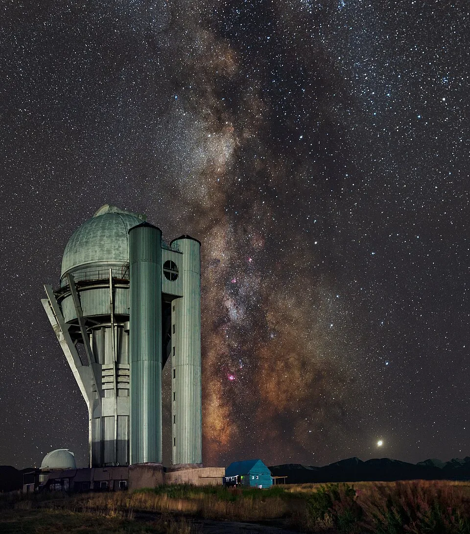 Assy-Turgen Observatory dome at night beneath the Milky Way over the high plateau.