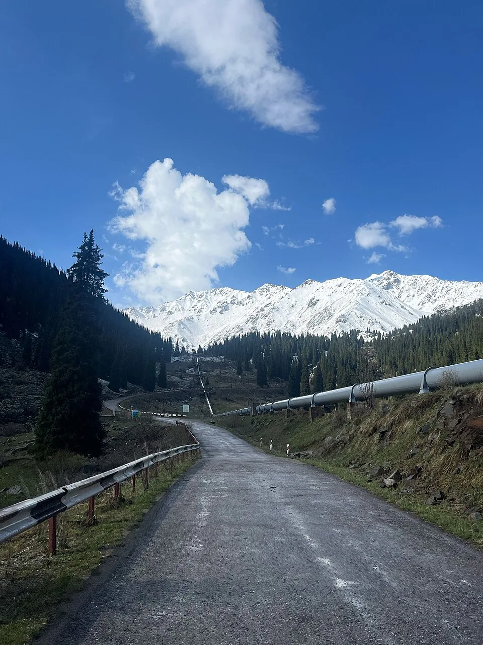 Mountain road leading toward Big Almaty Lake, the onward route after the gorge checkpoint.