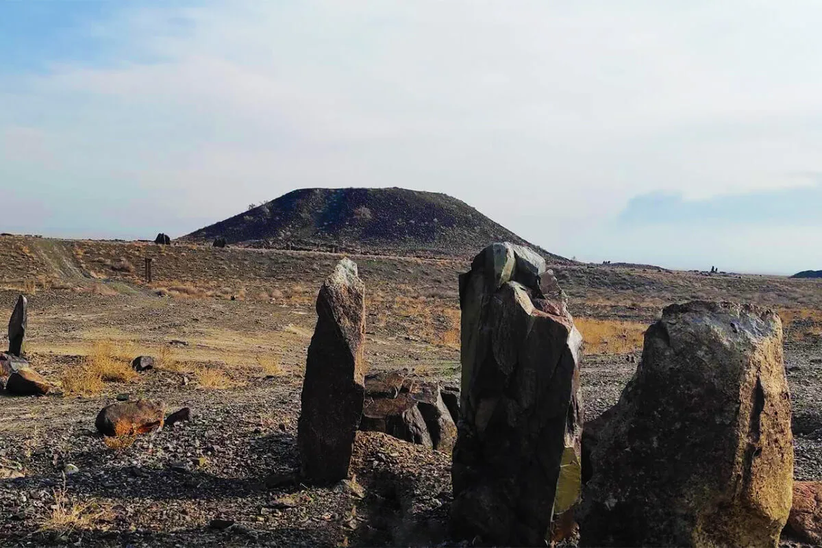 Official Altyn-Emel view of the Besshatyr burial mound landscape on the Ili steppe.