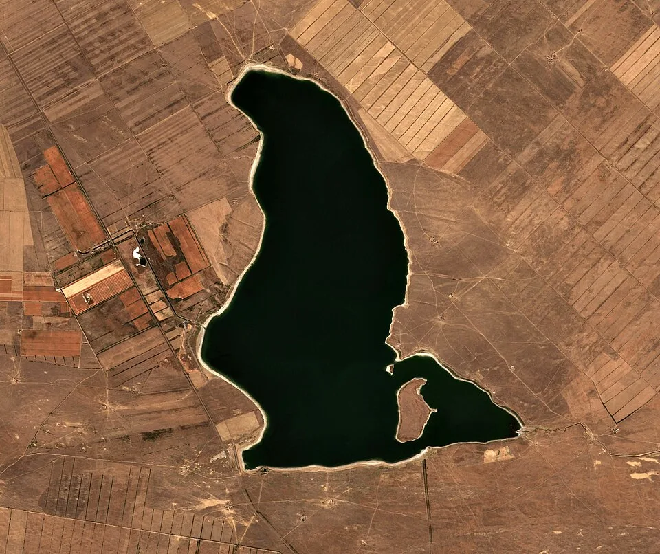 Satellite view of the Sorbulak lake system showing shallow basins and exposed shorelines.
