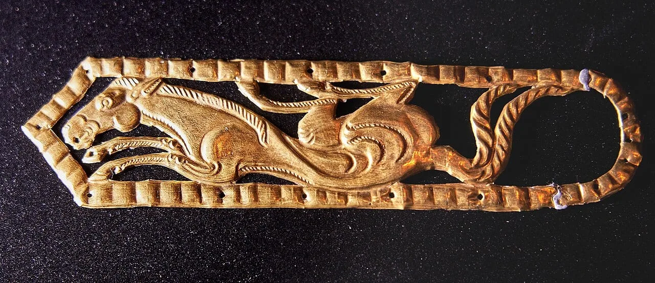 Context near Drive To Issyk Yesik: Gold horse-shaped ornament from the Issyk kurgan archaeological finds.