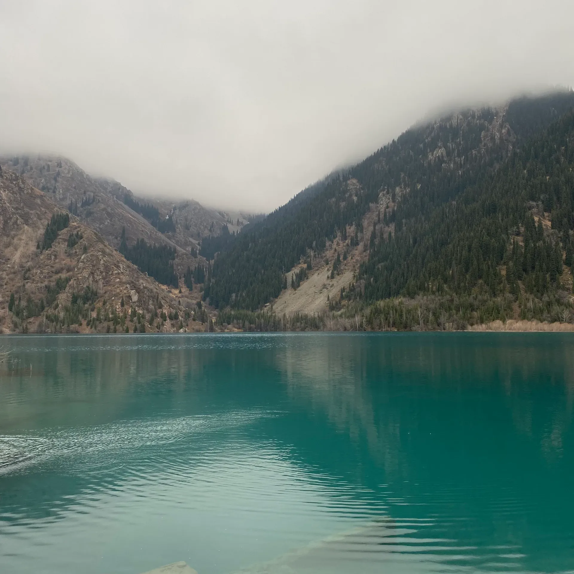 Issyk Lake shore in late autumn showing still water and bare mountain slopes under overcast sky.