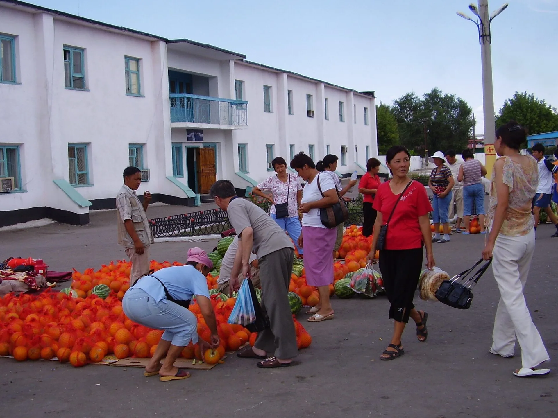 Melons stacked for sale at a railway platform in southern Kazakhstan.