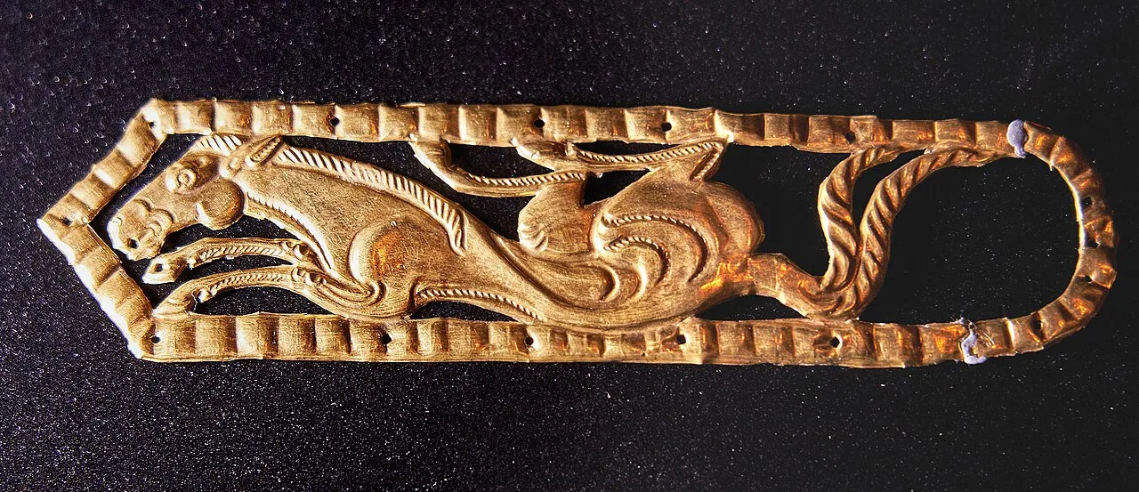 Gold horse-shaped ornament from the Issyk kurgan archaeological finds.