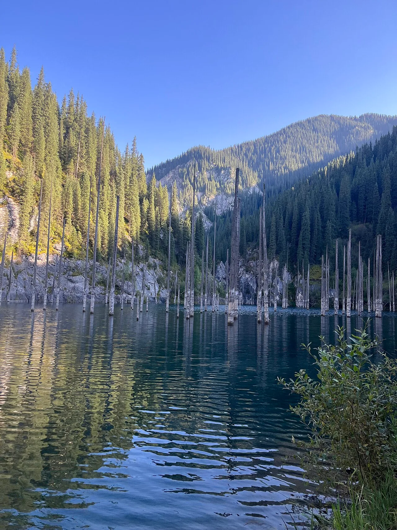 Forested Kaindy lakeshore and mountain path context close to the final approach from the parking area.