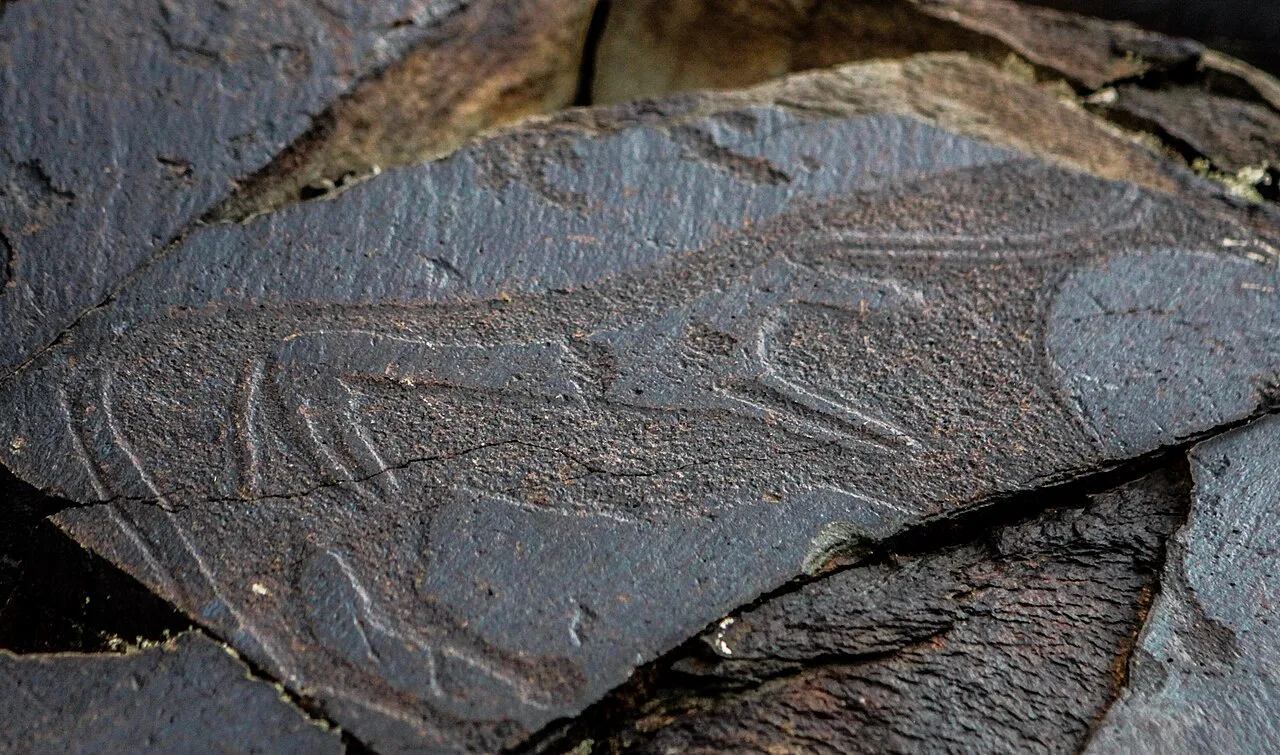 Dark Tamgaly rock panel covered with animal petroglyphs reached by the Karabastau reserve road.