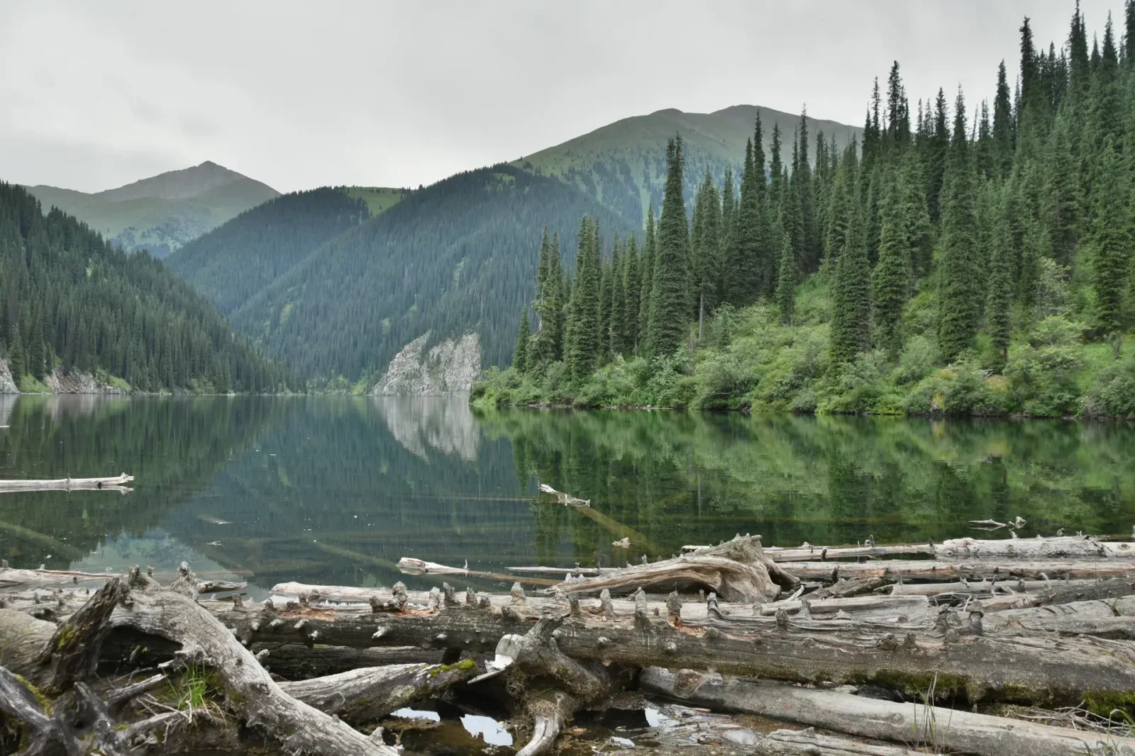 Context near Kolsai Lakes: Middle Kolsai Lake reflecting spruce-covered slopes from the northern shore.
