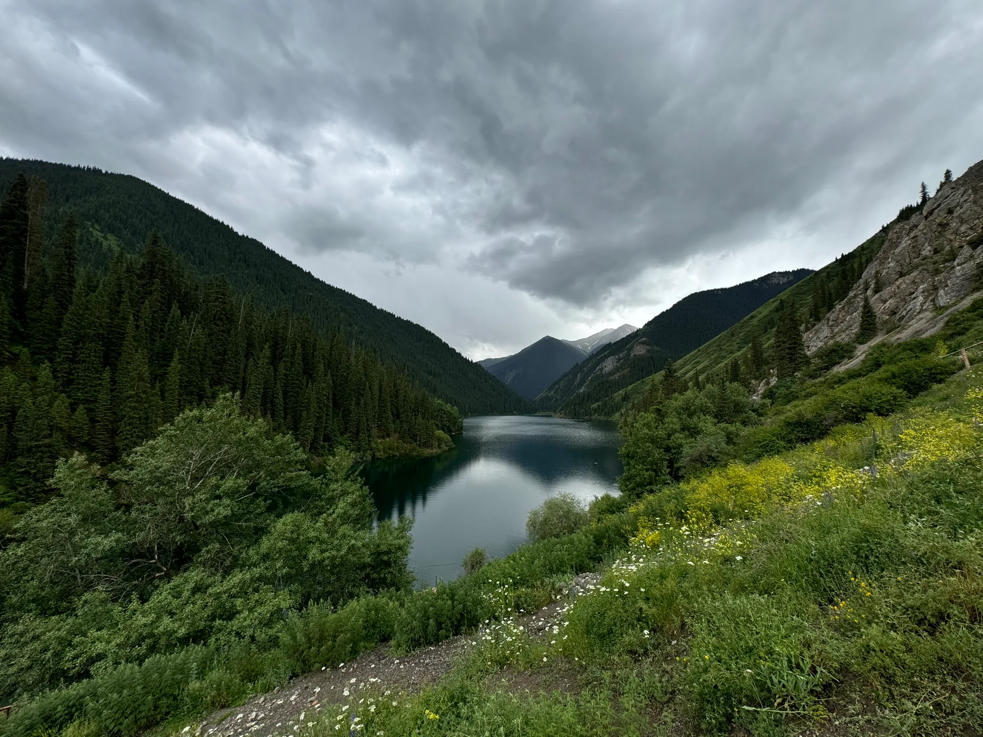 Trail-side view across Kolsai Lake water toward steep spruce-covered slopes.