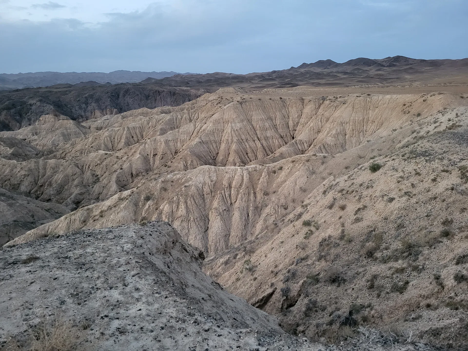 Pale ochre-cream clay formations of Moon Canyon (Лунный каньон / Uzunbulak) rise against an October twilight sky in Charyn National Park, the rounded eroded walls unmistakably different from the red sandstone of the Valley of Castles.