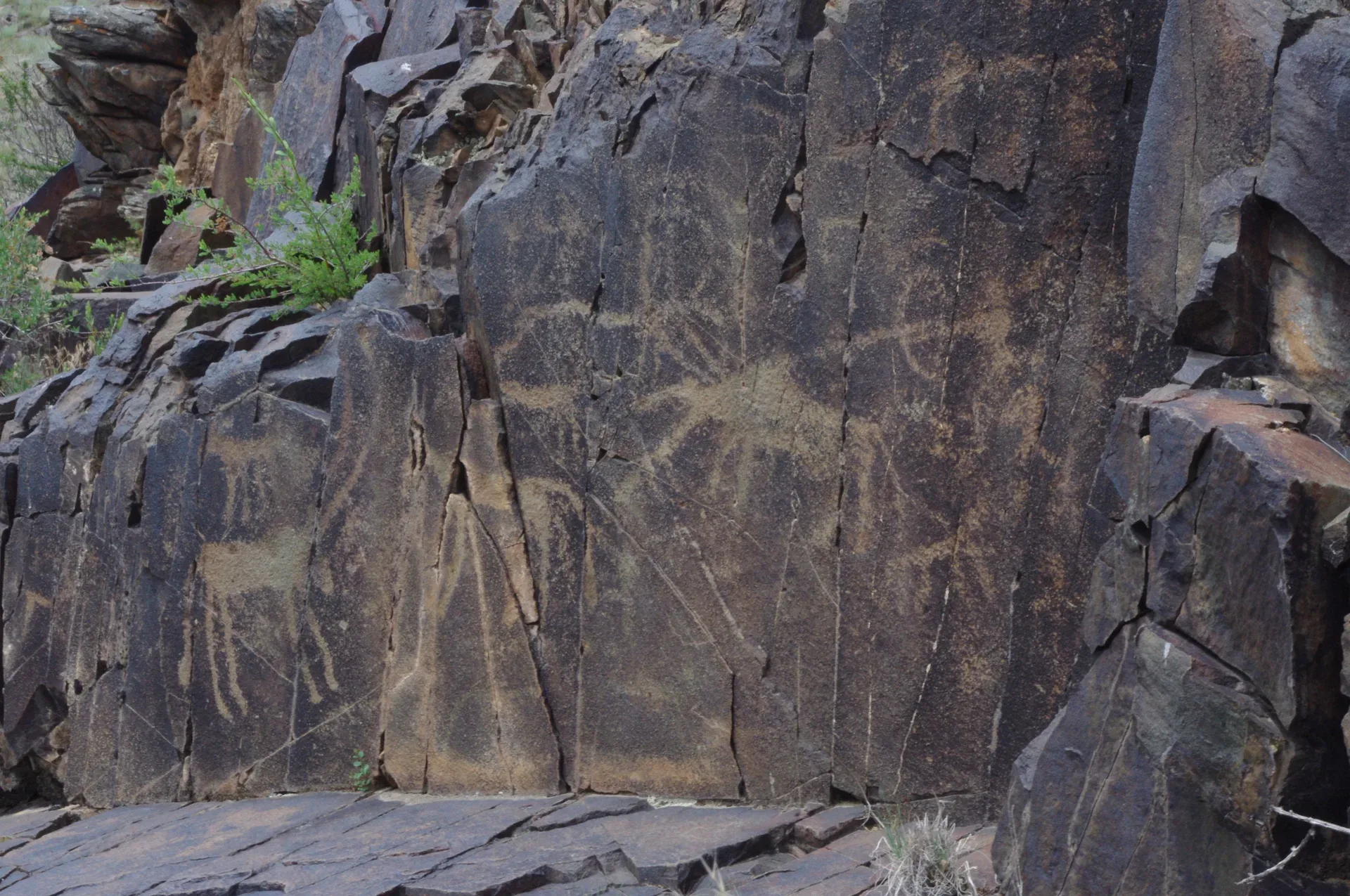 Iron Age hunting petroglyph panel at Tangaly Kazakhstan showing archers and running animals pecked into dark rock surface