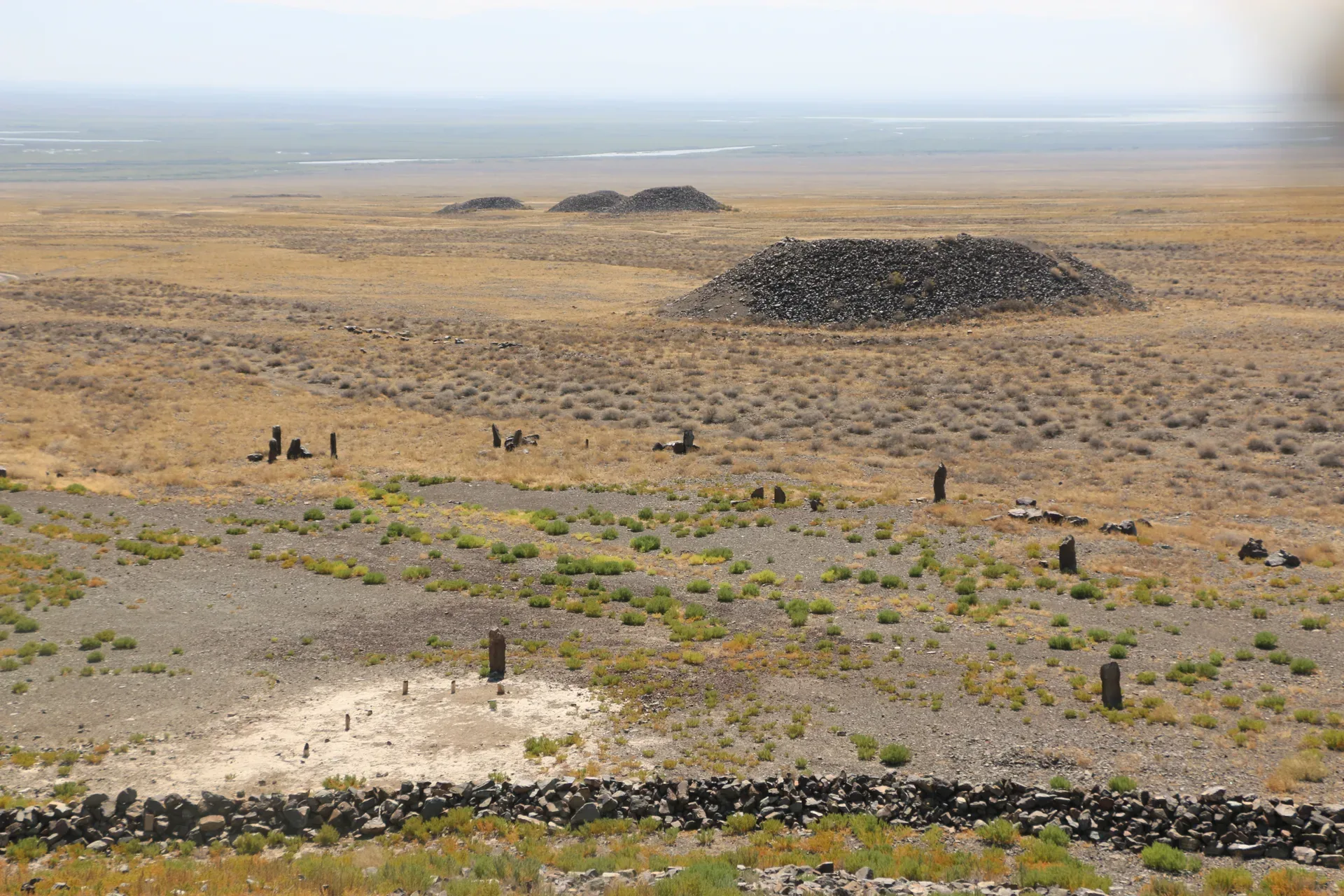 Besshatyr burial mounds rising from the flat Ili River steppe under an open sky in Altyn-Emel.
