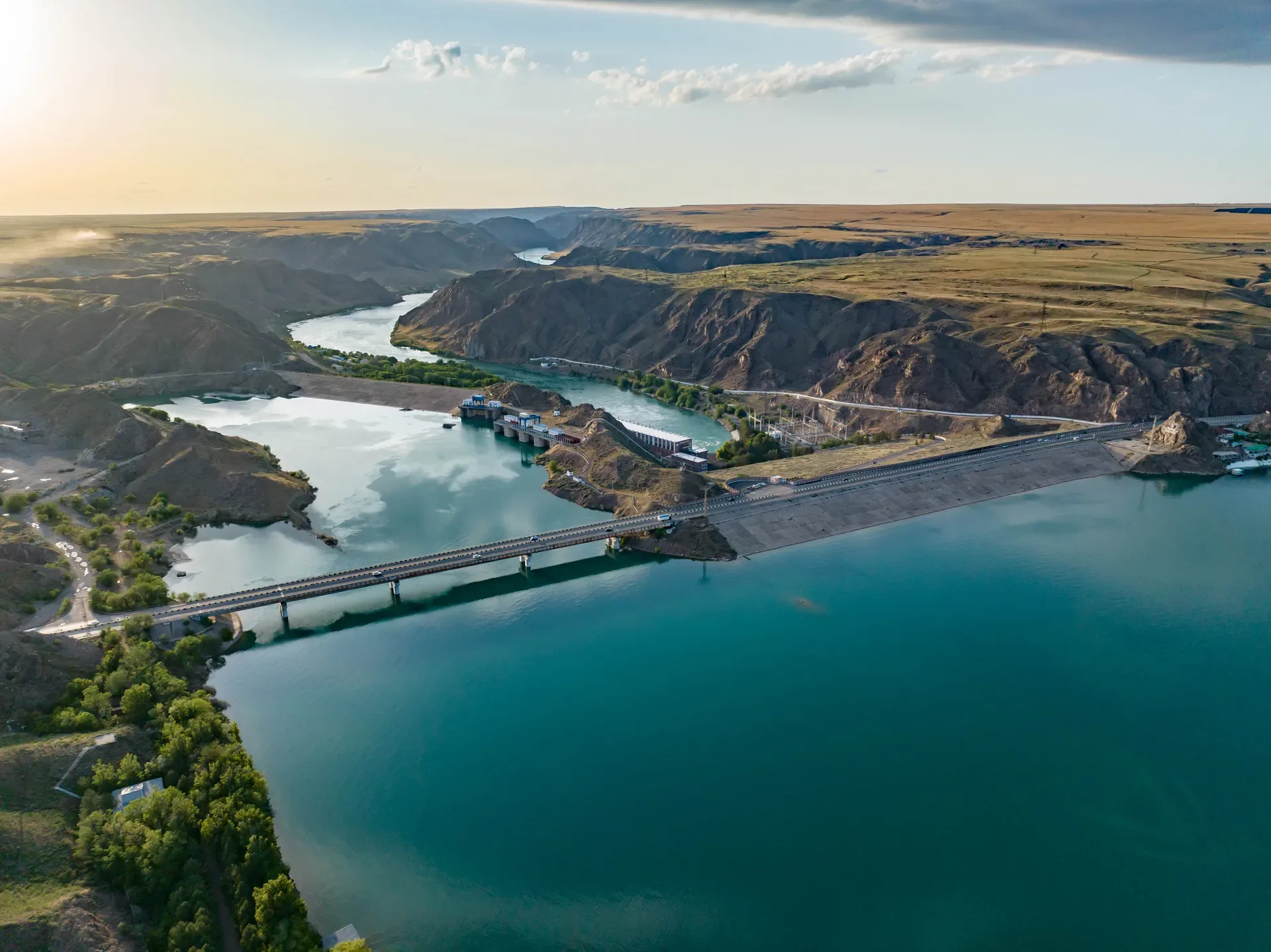 Aerial view of the Kapshagay hydroelectric dam and power station on the Ile River.