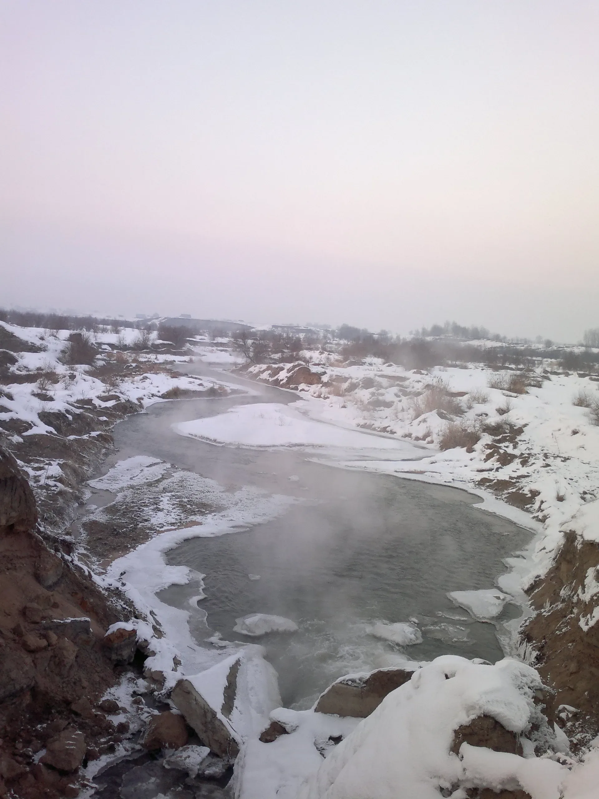 Low-rise buildings and leafless poplars in Karasay District with Trans-Ili Alatau foothills behind.