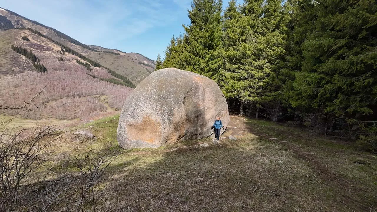 Kaskelen Gorge ridgeline and valley slopes above the riverbed picnic and apple-grove area.