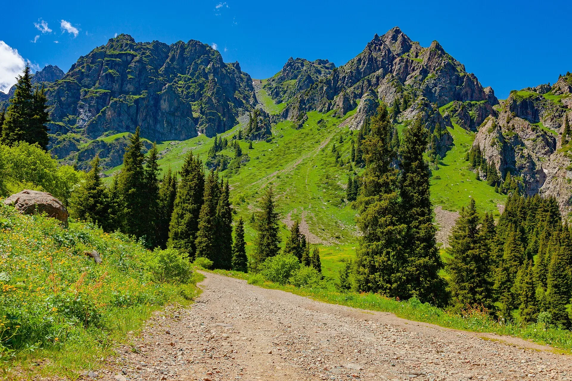 Dirt mountain road winding through arid hillside terrain in the Almaty region foothills, typical of the approach route south of Shelek