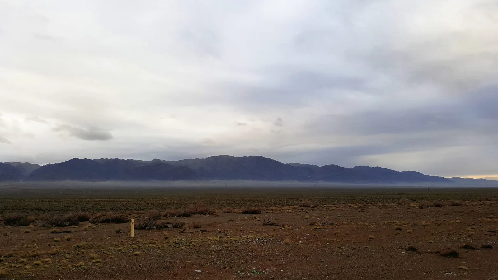Context near Shelek Chilik A351 Fuel And Rest: Open steppe highway scene with low roadside vegetation and mountains on the horizon.