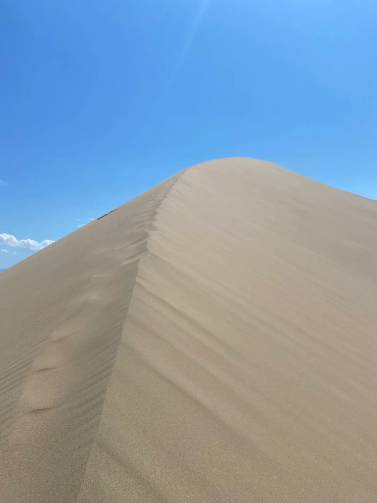 The Singing Dune in Altyn-Emel National Park, a massive crescent of pale desert sand rising sharply from the surrounding steppe under a clear sky.