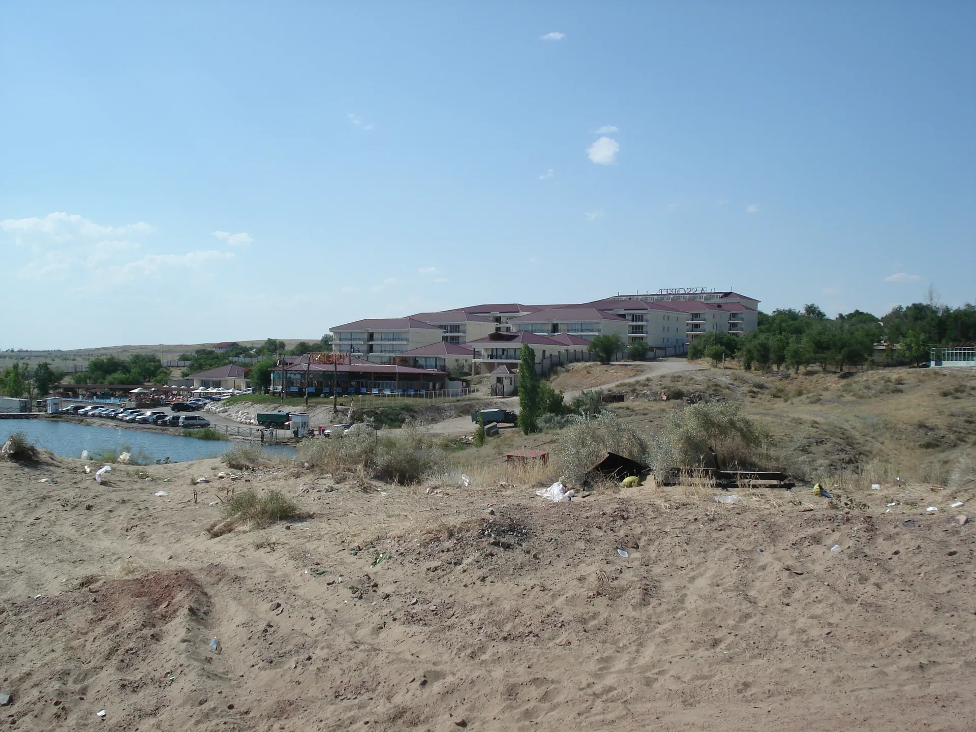Shore of Kapshagay Reservoir in Kazakhstan, dry steppe scrub at the water edge with flat sky above