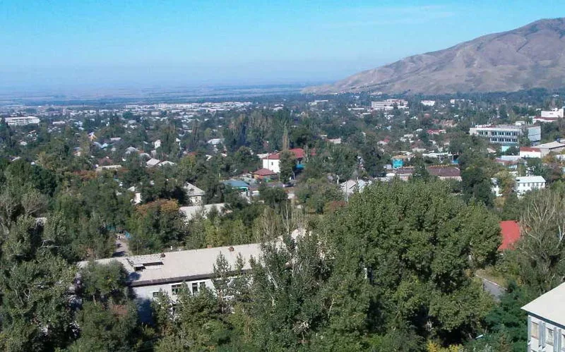Talgar town streetscape with low commercial buildings and the foothills of the Trans-Ili Alatau visible to the south