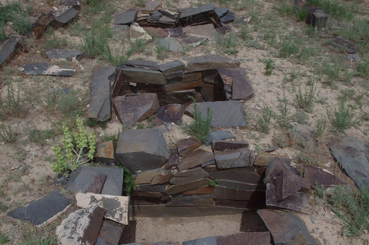 Context near Tamgaly Reserve Petroglyph Gorge: Low Bronze Age stone tombs at Tamgaly set in open steppe beyond the Karabastau turn-off.