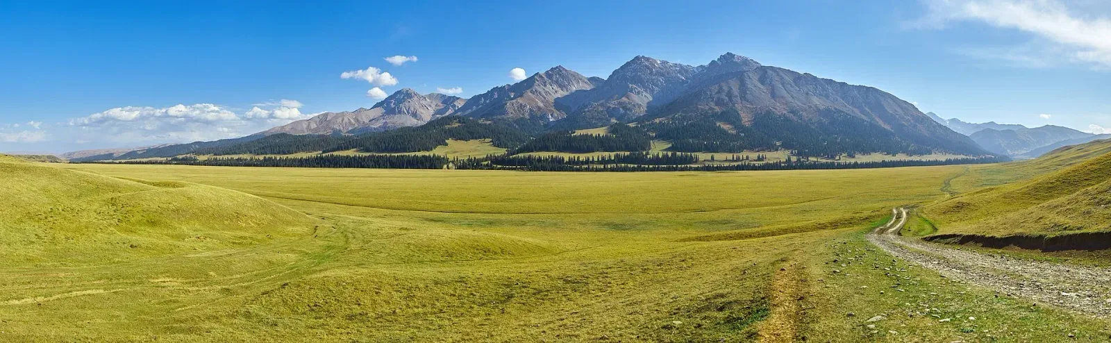 Context near Tekes Riverbank: Wide alpine meadow in Kegen District with rolling grassy hillsides under an open sky.
