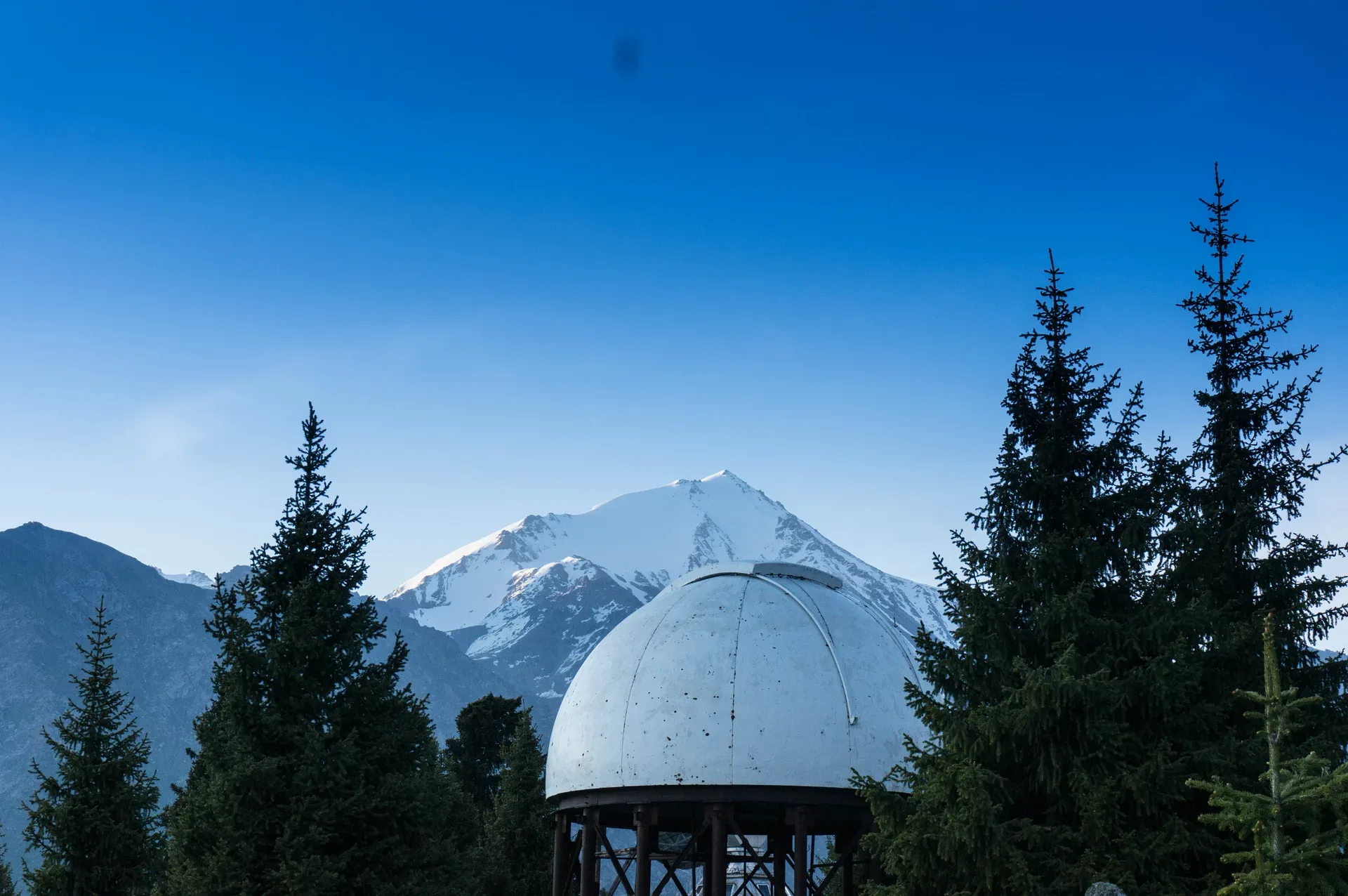 White optical telescope dome of the Tien Shan Astronomical Observatory framed by Tian Shan spruce trees, with the snow-covered summit of Peak Sovietov rising in the background.